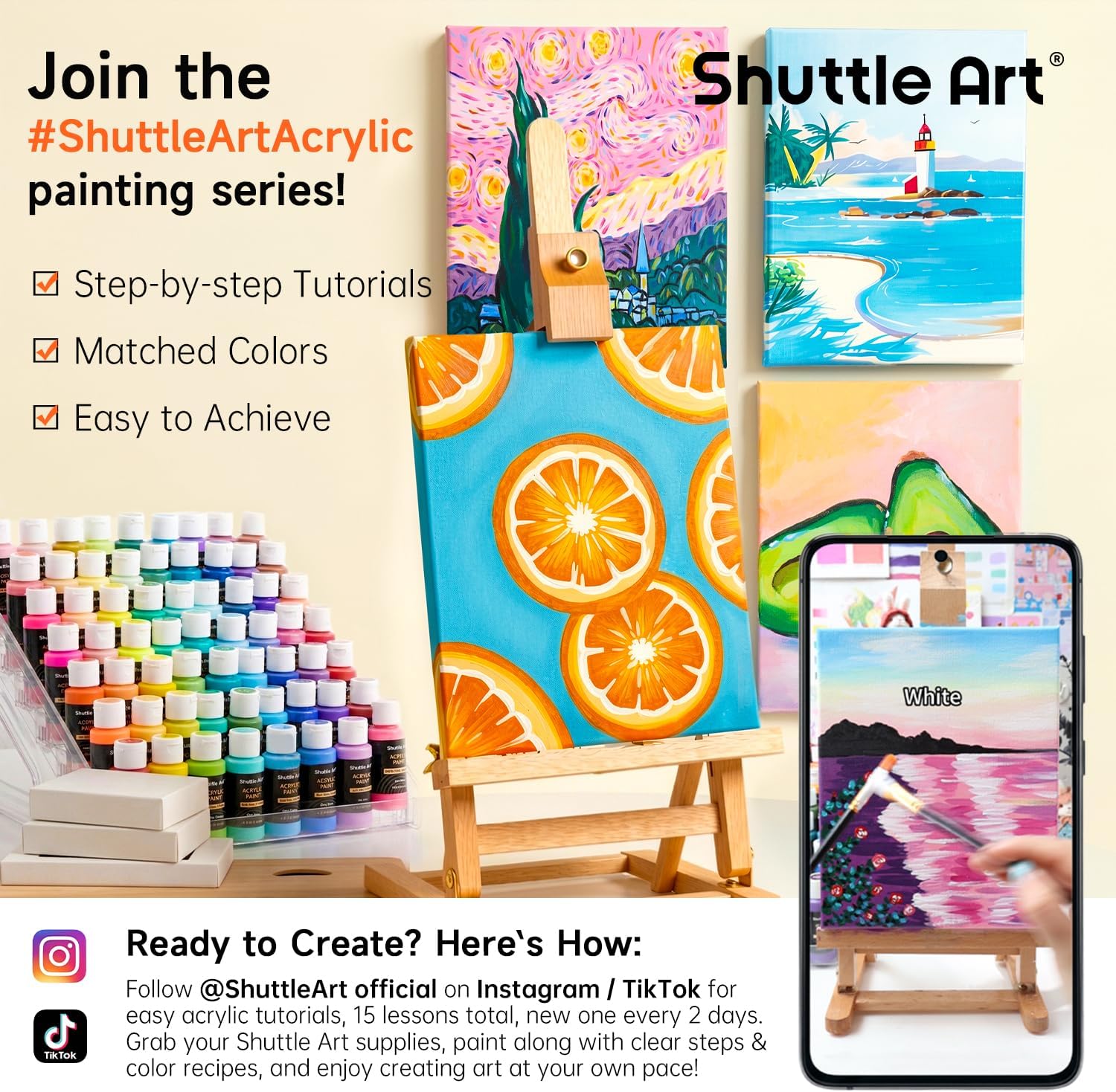 Shuttle Art Acrylic Paint. 36 Colors Acrylic Paint Set with Brushes & Palette. 2oz/60ml Bottles. Rich Pigments Non-toxic for Artists Kids & Adults. Painting on Canvas Rocks Ceramic Wood - Image 2
